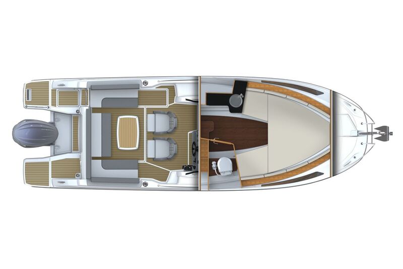 Jeanneau Cap Camarat 7.5 WA - diagram of cockpit seating around table and cabin layout Jeanneau Cap Camarat 7.5 WA