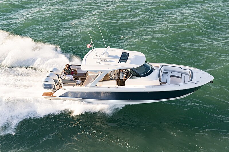 Tiara 38 LS aerial running Tiara Yachts 38 LS